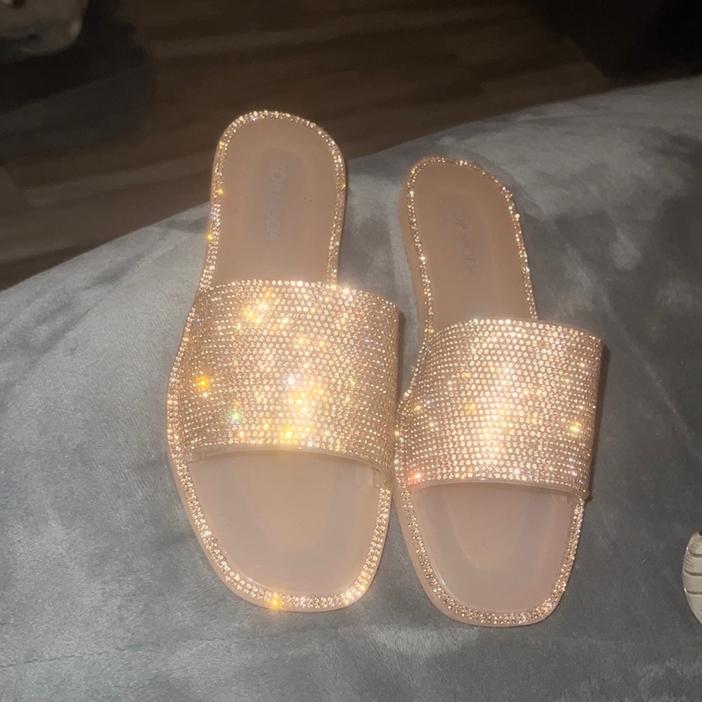 peach shiney 7 sparkly slides